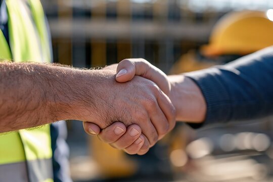 Two construction workers shaking hands at building site