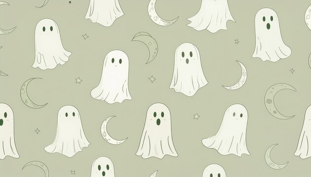 Minimal ghost moon outlines sage green repeat, a seamless repeating pattern for fabric wrapping paper and surface design