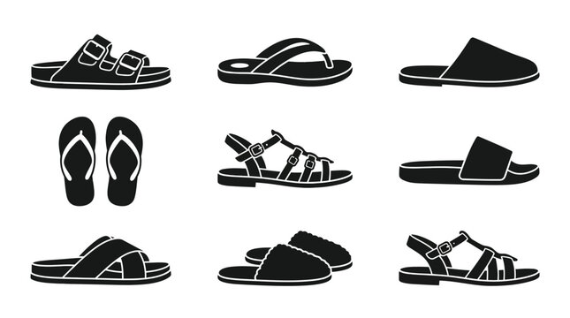 Collection of various sandals and flip flops.