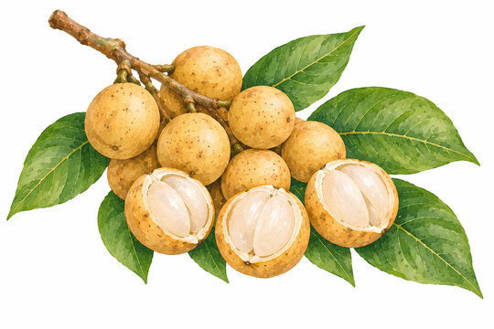 Duku Fruit Branch with Opened Fruits Hand Painted Watercolor Illustration. Isolated on a clean white background with no shadows.