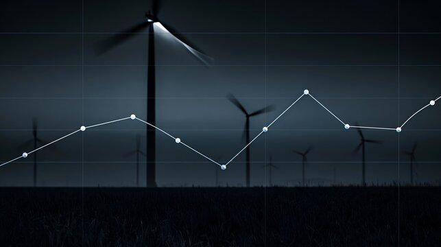 Renewable energy market trend showing financial growth chart over wind turbines at night. Concept of sustainable business investment and green power economy.