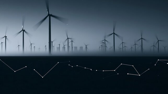 Renewable energy market trend showing financial data graph over wind turbine farm in dark fog. Concept of sustainable business investment and power economy.