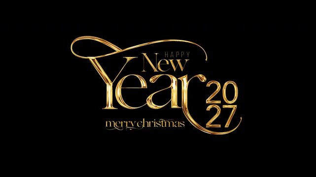 2027 Merry Christmas and  Happy New Year glow golden text flickering shinelight effect animation on black background. Isolated alpha channel Apply prores 444