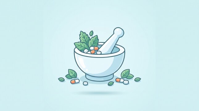 Flat pharmacy mortar and pestle icon with medicinal leaves and capsules isolated on a pastel background, modern pharmaceutical concept for healthcare, herbal medicine and treatment.