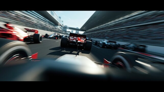 Formula race cars speeding on track with motion