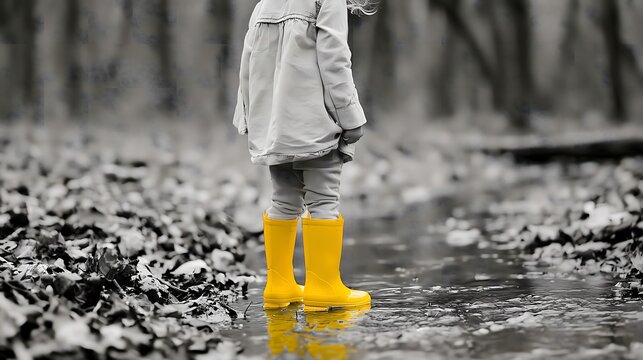 Child in yellow rain boots standing in a puddle in a forest, nostalgic and artistic