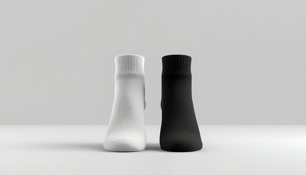 Blank black and white ancle socks mockup set, half-turned view