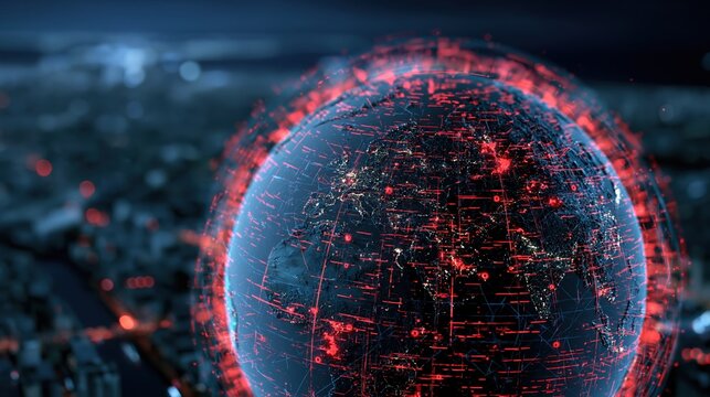 Red digital network globe over blurred city at