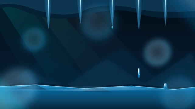 Cartoon Ice Cave Animation Loop with Dripping Icicles and Glowing Crystal Plant