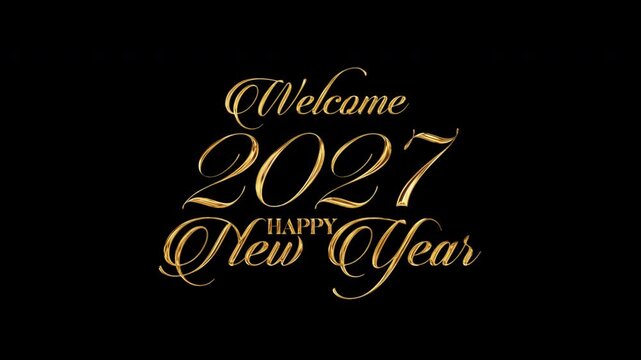 Welcome 2027 Happy New Year glow golden text flickering shinelight effect animation on black background. Isolated alpha channel Apply prores 444