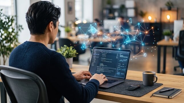 Software developer coding on laptop with abstract glowing network connection nodes floating in air, digital transformation and blockchain technology concept, modern workspace
