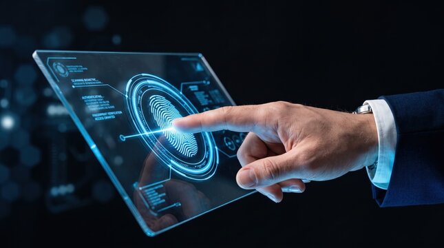 Futuristic biometric security scan on transparent tablet, fingerprint identification technology, cyber data protection, digital identity verification, sci-fi interface concept.