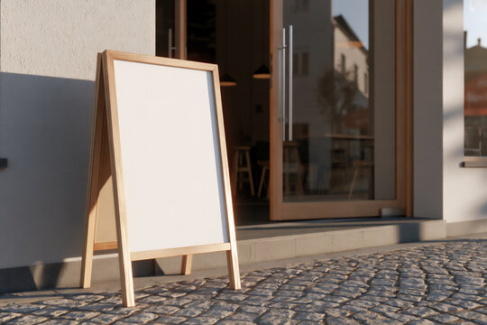 Blank white A-frame sidewalk sign with wooden frame in front of a cafe entrance