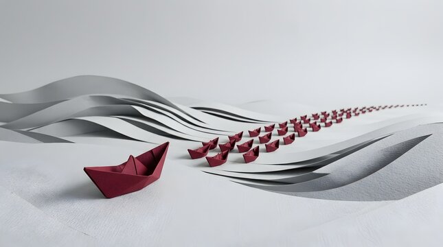Maroon origami boat leading fleet over white paper waves. Creative concept for leadership, business vision, and management strategy in a minimalist paper craft style.