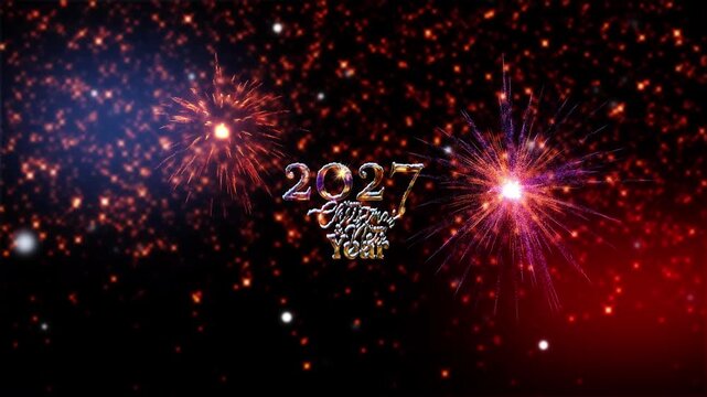 2027 Merry Christmas and Happy new year golden text shine light animation with beautiful glow gold snowflakes falling and glittering stars and firework cinematic title abstract background. New year ti