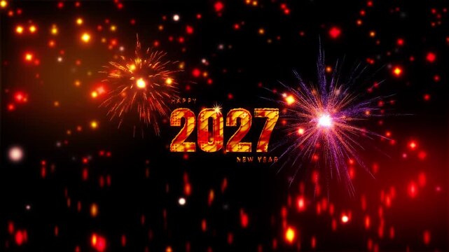 2027 Happy New year text effect cinematic title trailer animation golden shine flickering text  with particles and firework on black abstract background. 