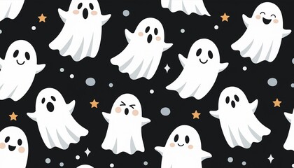 Fototapeta premium Playful ghosts scattered black backdrop, a cute seamless pattern for childrens products stationery and gift wrap
