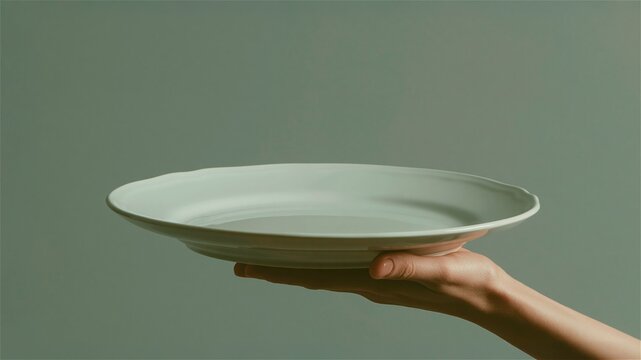 Hand holding empty white ceramic ceramic plate dish mockup studio kitchenware culinary background template