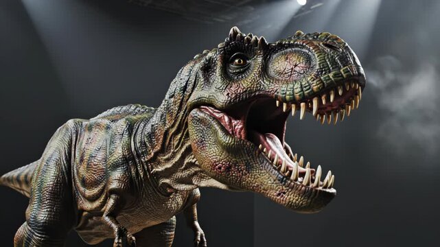 Close-up of a Tyrannosaurus Rex dinosaur model with mouth open showing teeth and tongue, set against a dark studio background with volumetric lighting.