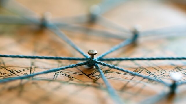 Blue string network connecting pins on vintage map