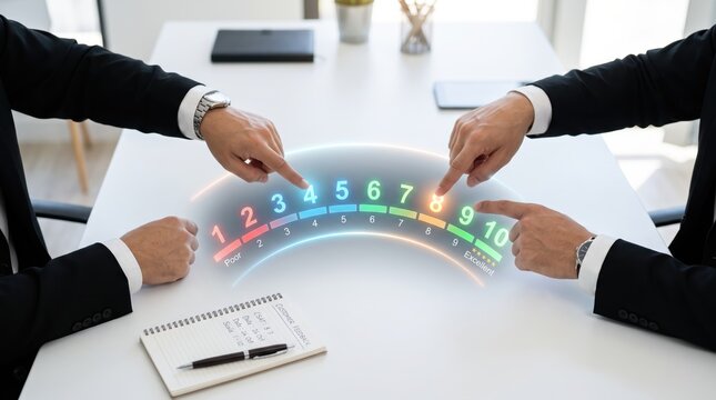 Close-up of business people pointing at a holographic rating scale from one to ten on a white table, illustrating customer satisfaction feedback and performance evaluation metrics.