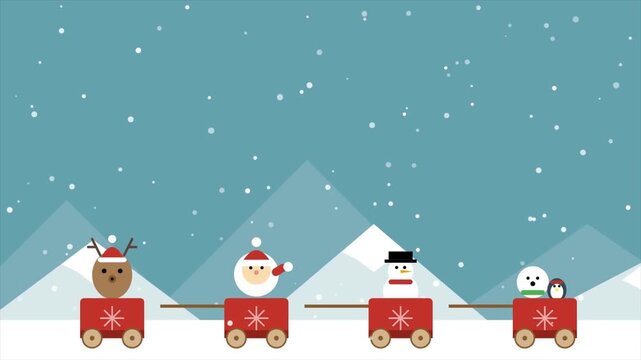 Christmas Holiday Toy Train with Santa Claus Reindeer and Snowman in Snowy Winter Landscape Animation