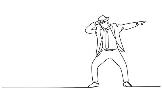 Continuous single line drawing of a businessman in a suit and hat doing a dab dance move Vector, illustration