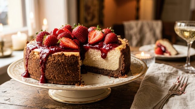 Strawberry Cheesecake Delight: A delectable strawberry cheesecake, adorned with fresh berries and a rich drizzle of sauce, sits proudly on a cake stand, ready to be savored.