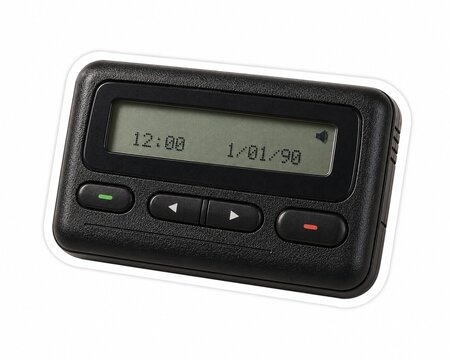 Vintage black electronic pager or beeper retro communication device sticker isolated on white background