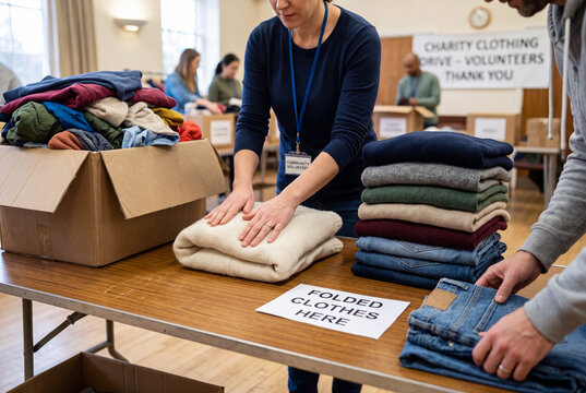 Volunteers folding donated clothing