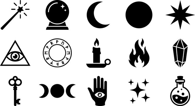 Mystical symbols and occult icons are presented as flat black silhouettes on a white background