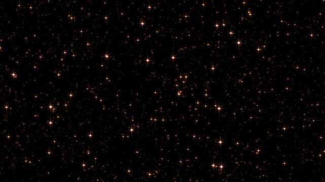 Loop animation gold particles flow on black abstract background. 4K 3D animation of fiery red gold glowing flying ember burning ash particles.
