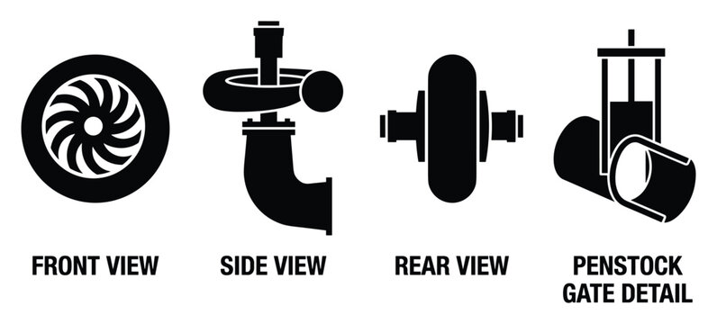 Hydro turbine schematic front side rear and penstock gate detail views for power generation.