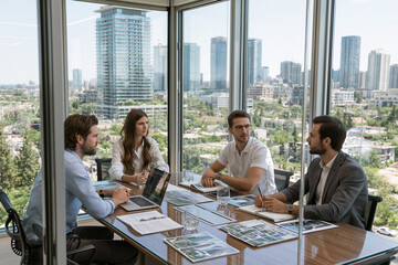 Fototapeta premium Meeting takes place in a modern office with city view