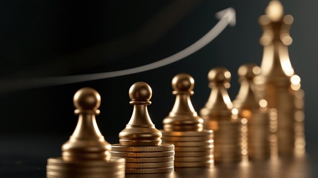 Golden chess pieces on coins with rising arrow