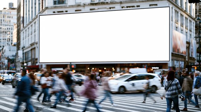 Crowd crossing busy city street below blank billboard