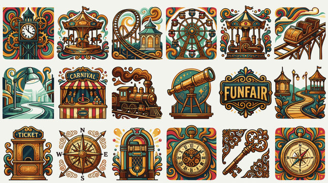 Vintage illustrated carnival and amusement park icons with whimsical retro charm, concept for branding, game design, and entertainment marketing