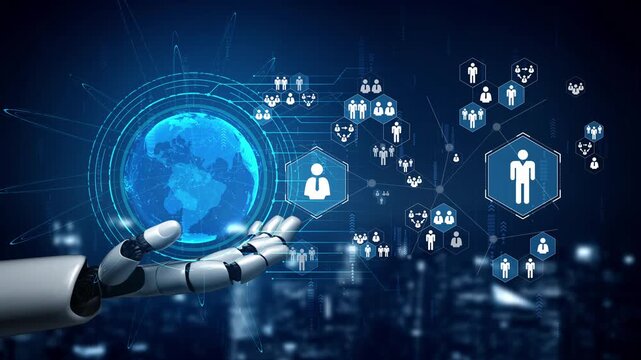 Futuristic Concept of Artificial Intelligence with Robot Hand Presenting Global Network of People Linked by Technology and Data Visualization Gluon.