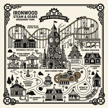 Intricate vintage amusement park map illustration featuring roller coasters, clock tower, and carnival buildings, concept for nostalgic branding, travel posters, and event planning