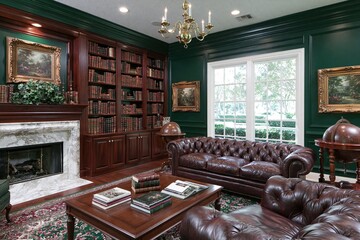 Obraz premium Classic study room with green walls and leather