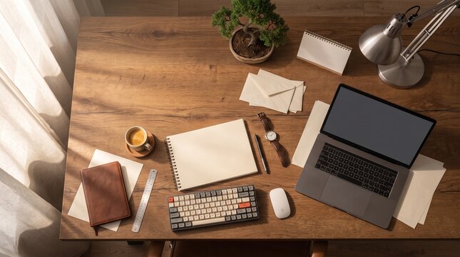 Overhead view of a wooden desk with laptop, keyboard, notebook, and coffee