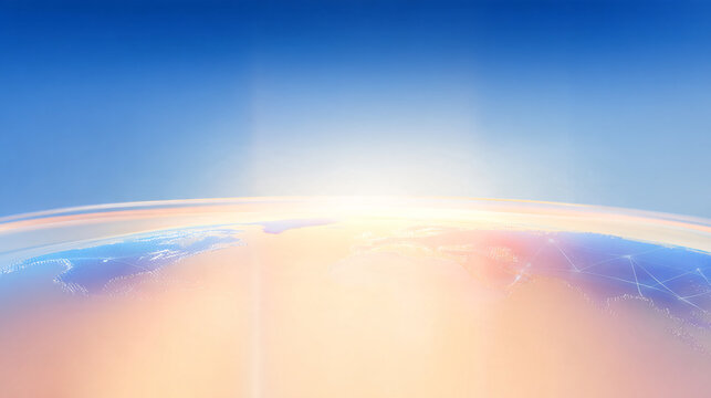 premium global business background, vast blue atmospheric perspective with several soft distant pathways emerging from different depths and naturally meeting near a luminous ivory destination