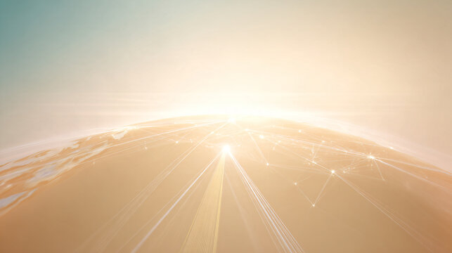 premium global business background, vast blue atmospheric perspective with several soft distant pathways emerging from different depths and naturally meeting near a luminous ivory destination