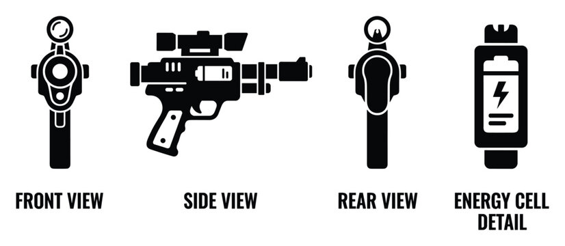 Sci fi blaster pistol with energy cell detail from front side and rear views.
