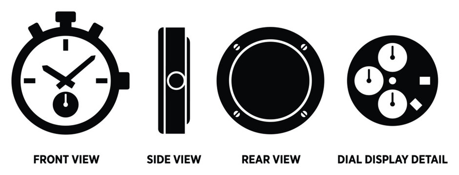 Stopwatch front side rear view and dial detail icon set for measuring time.