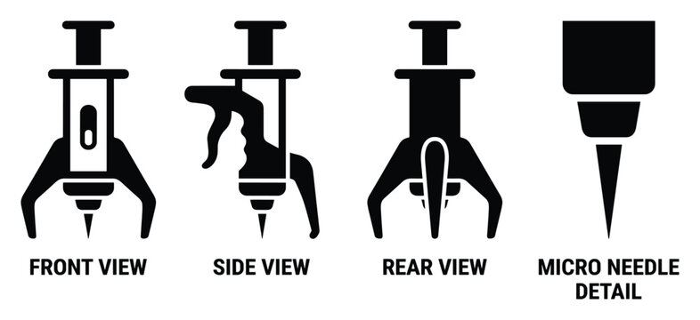 Syringe front side rear and micro needle detail medical and laboratory equipment icon.