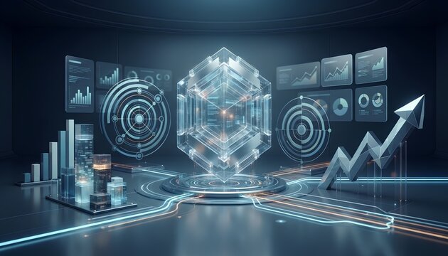 Futuristic data visualization dashboard with glowing cube and arrow