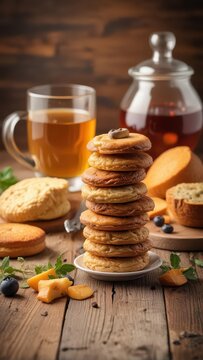 Warmly baked cookies stacked high on a rustic wooden table