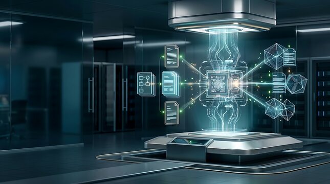 Holographic central data reactor emitting a bright beam of light connected to digital document icons inside a dark, modern server room with glass walls and dark server cabinets in background.