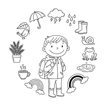 Rainy Day School Boy Outdoor Weather and Nature Doodle Frame